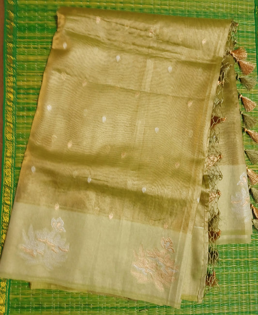 Olive Green Banaras tissue Blend Saree