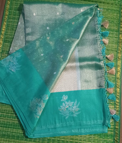Cyan Blue  Banaras tissue Blend Saree