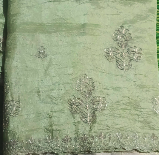 Light Green Crushed Tissue Organza Saree with Pitta work
