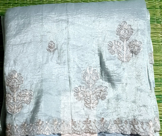 Light Blue Crushed Tissue Organza Saree with Pitta work
