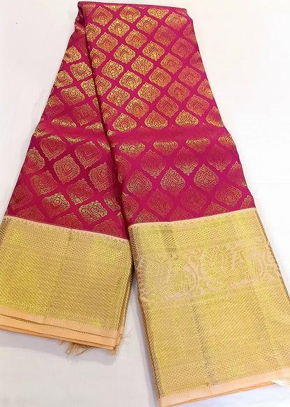 Dark Pink with Cream border Kanchipuram pure silk brocade weave saree