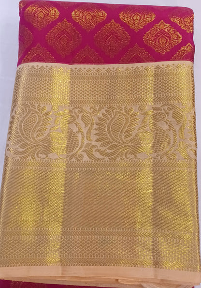 Dark Pink with Cream border Kanchipuram pure silk brocade weave saree