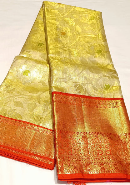 Off-white and Red Bridal Kanchipuram pure silk brocade weave saree