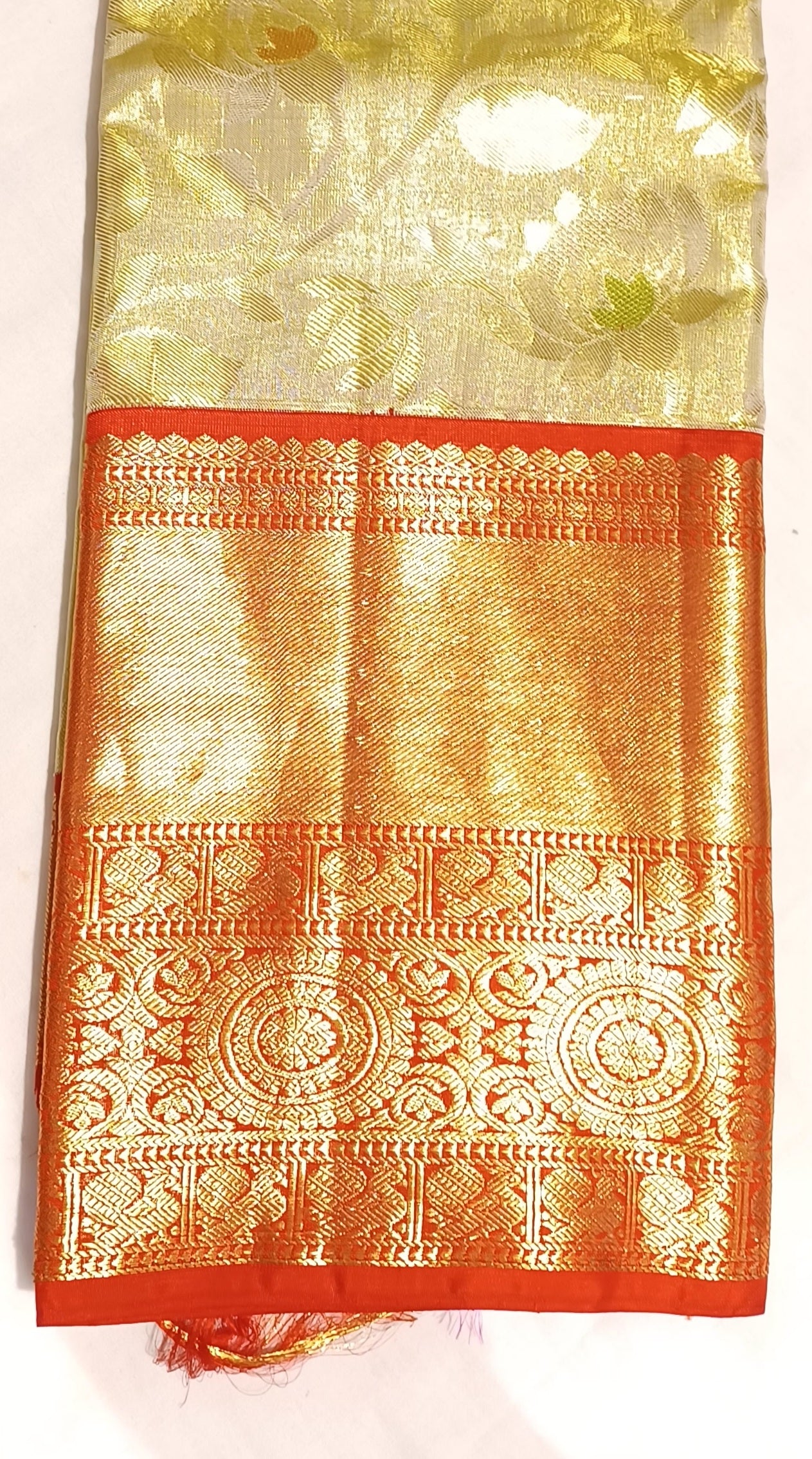 Off-white and Red Bridal Kanchipuram pure silk brocade weave saree