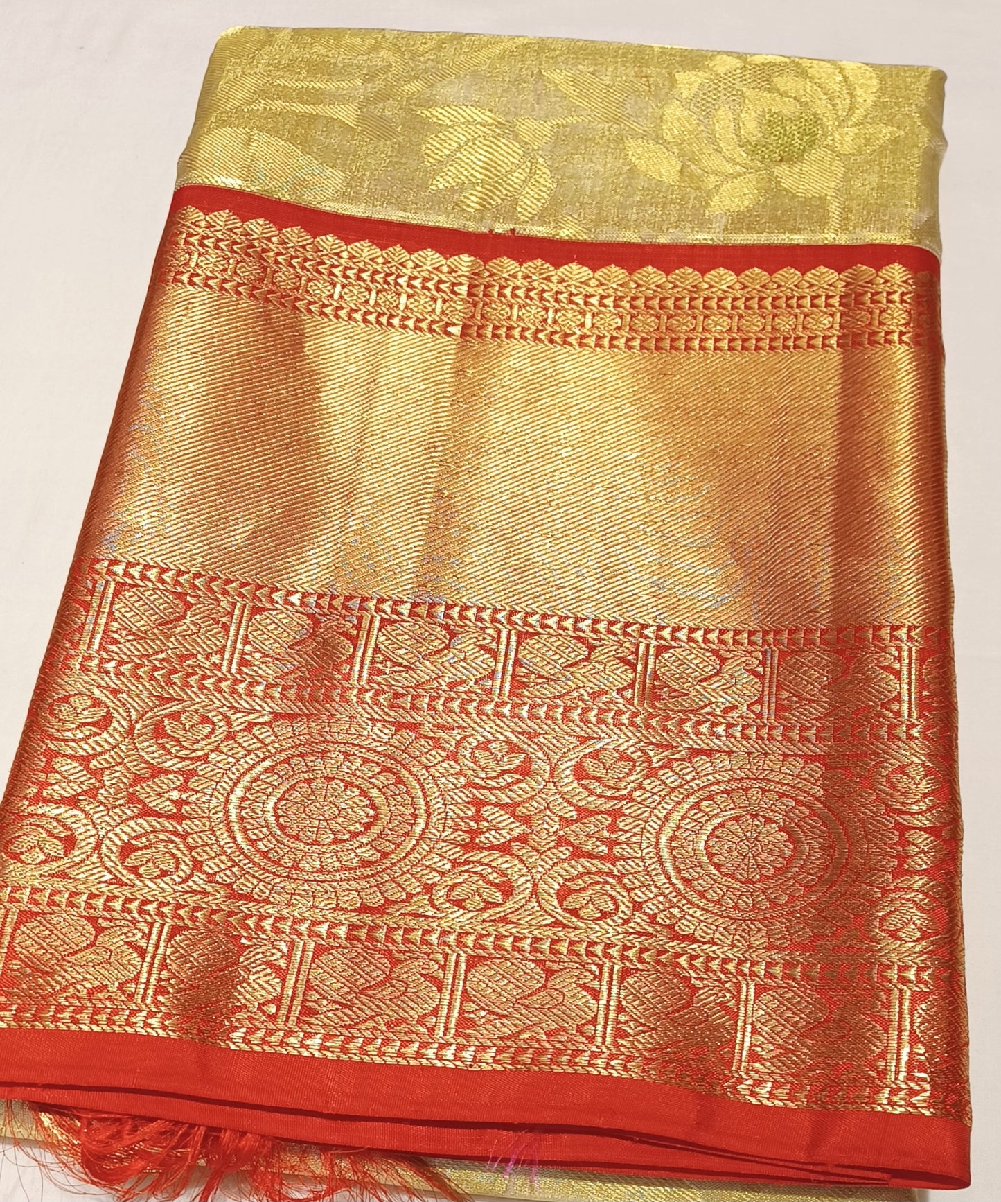 Off-white and Red Bridal Kanchipuram pure silk brocade weave saree