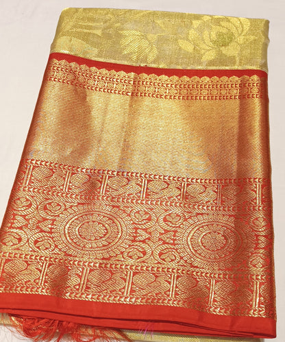 Off-white and Red Bridal Kanchipuram pure silk brocade weave saree