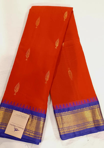Bright Red with contrast dark blue border and Pallu Gadwal Sico Saree