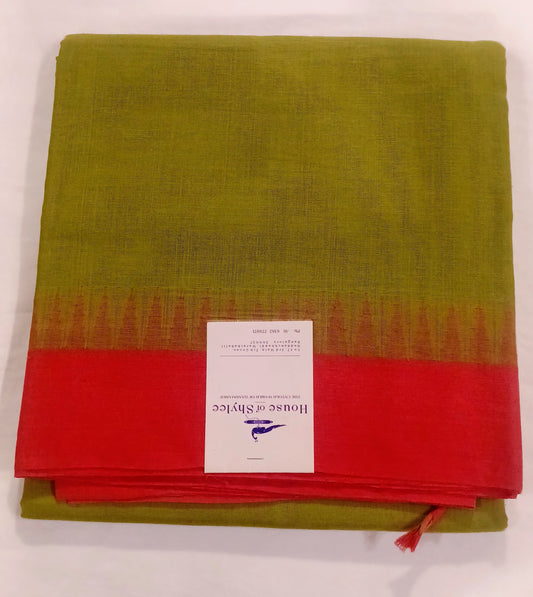 Green with Pink temple border Ponduru Handspun Handwoven cotton Saree