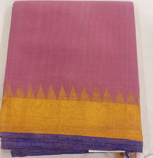 Onion pink with Zari temple border Ponduru Handspun Handwoven cotton Saree