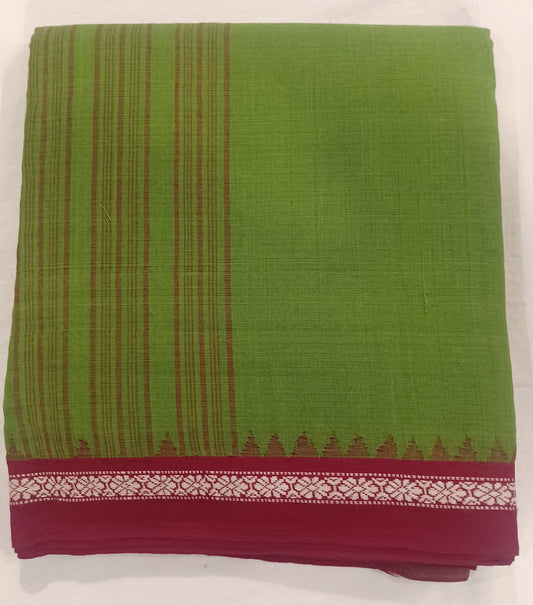 Green with Maroon dobby border Ponduru handwoven cotton Saree