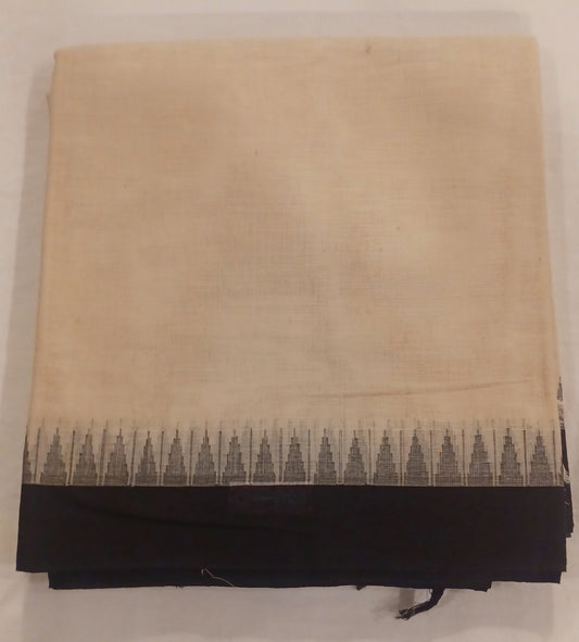 Off-white with Black temple border Ponduru Handspun Handwoven cotton Saree