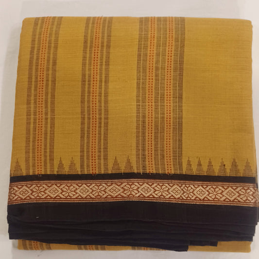 Mustard Yellow with black dobby border Ponduru Handspun Handwoven cotton Saree