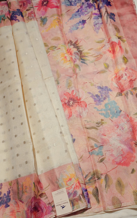 Pearl White Soft Kota Silk (Blended) Digital Print Saree