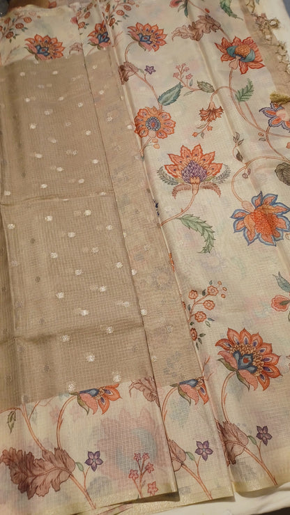 Pastel Taupe Soft Kota Silk (Blended) Digital Print Saree
