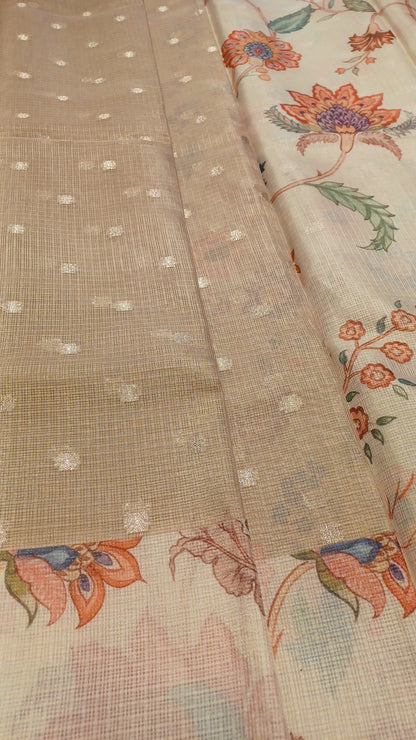 Pastel Taupe Soft Kota Silk (Blended) Digital Print Saree