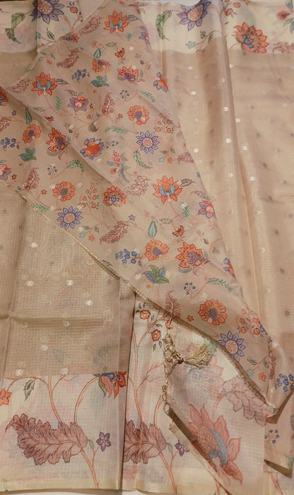 Pastel Taupe Soft Kota Silk (Blended) Digital Print Saree