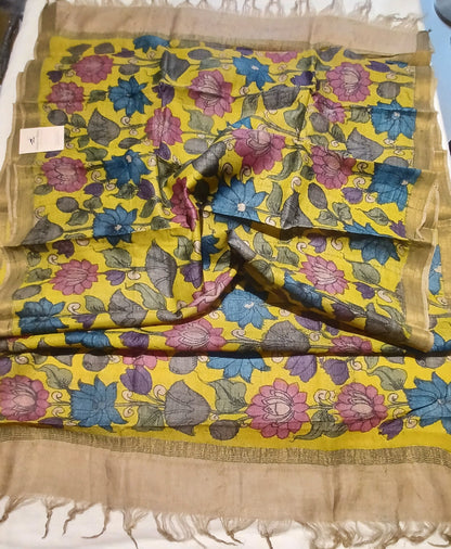 Yellow Pen Kalamkari Handpainted Tussar Silk Dupatta