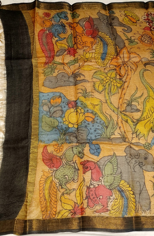 Sandal wood colour Pen Kalamkari Handpainted Tussar Silk Dupatta