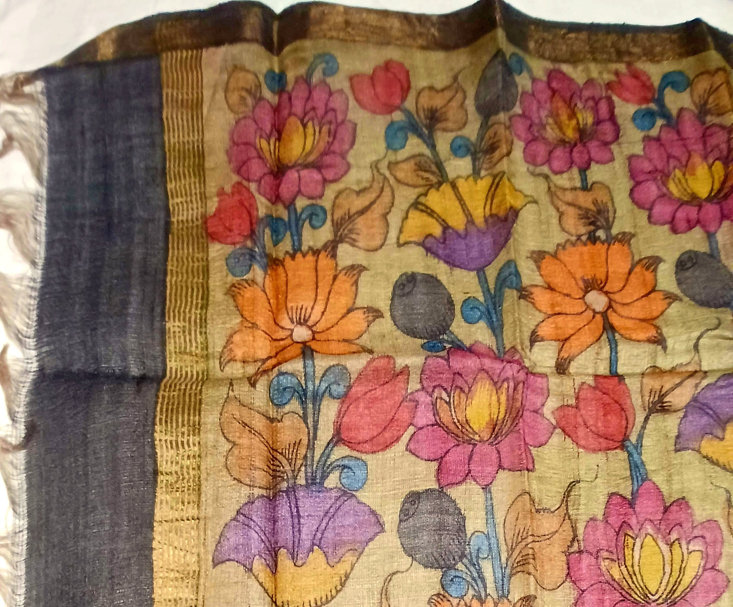 Olive Green Pen Kalamkari Handpainted Tussar Silk Dupatta