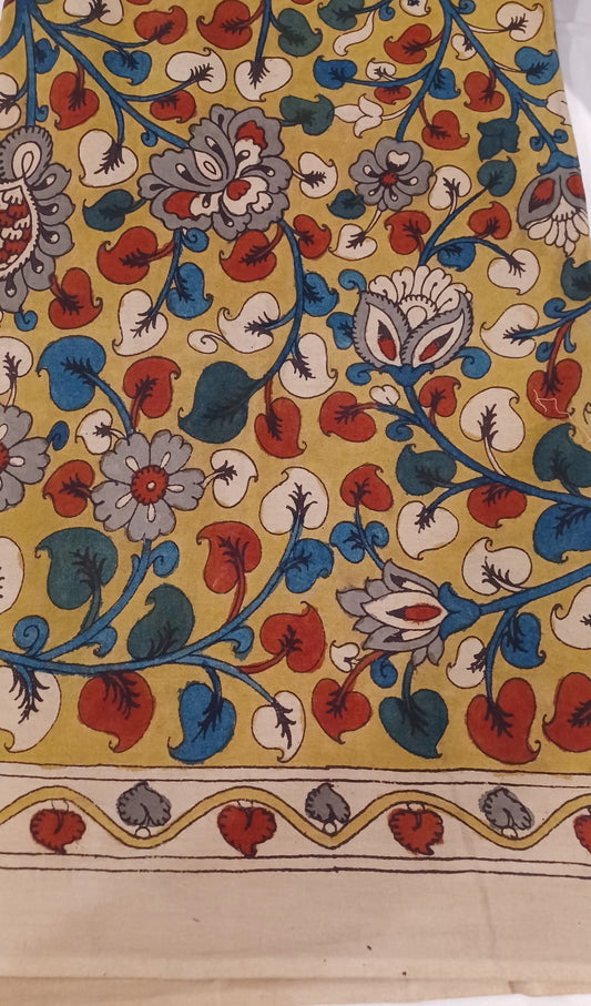 Mustard Yellow SriKalahasti Pen Kalamkari Cotton blouse fabric