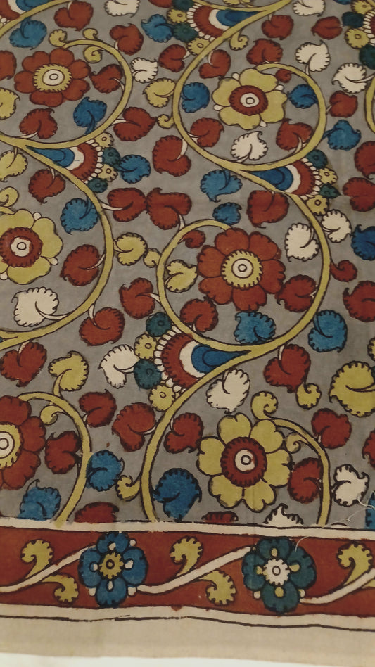 Grey SriKalahasti Pen Kalamkari Cotton blouse fabric