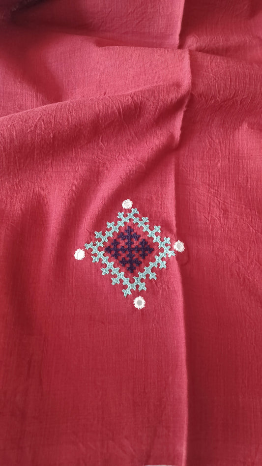 Terracotta red embroidered Ponduru Khadi Cotton blouse fabric