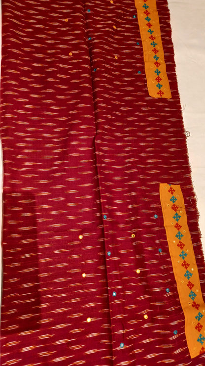 Maroon embroidered patchwork Ikkat Cotton blouse fabric