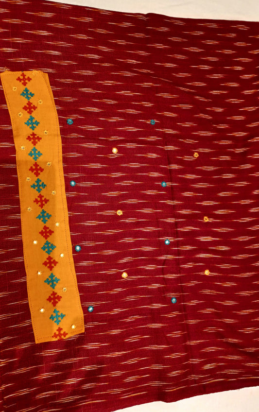 Maroon embroidered patchwork Ikkat Cotton blouse fabric