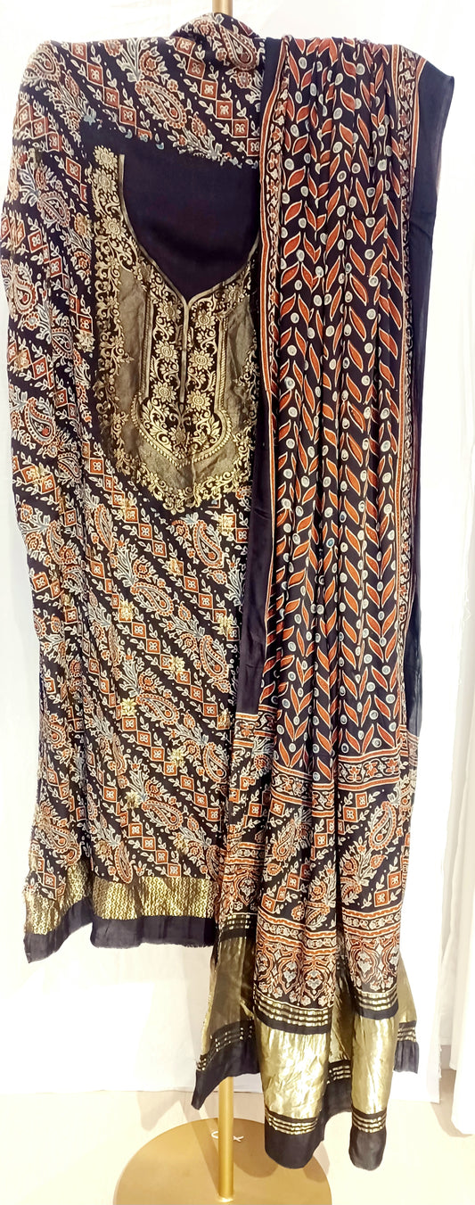 Black - 2 Piece Dola Silk Ajrakh Block Printed Natural Dyed Handcrafted Suit (Unstitched)