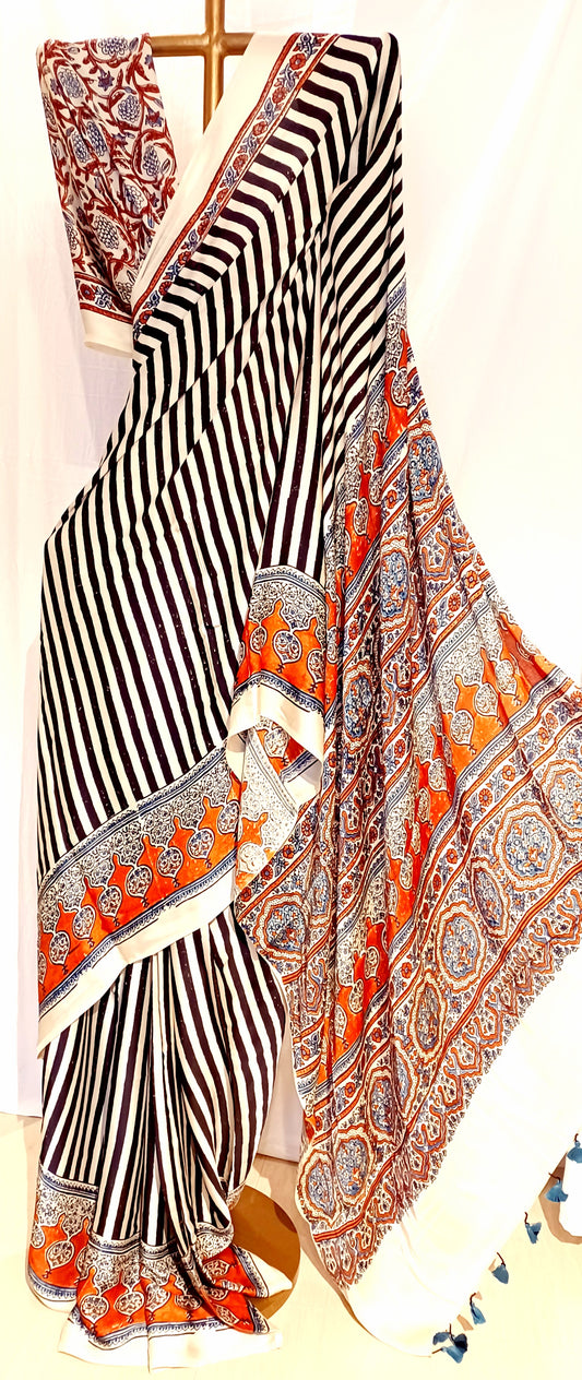 Off-white and Black - Modal Silk Ajrakh handblock print saree