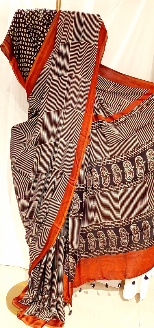 Black, White and Rust - Modal Silk Ajrakh handblock print saree