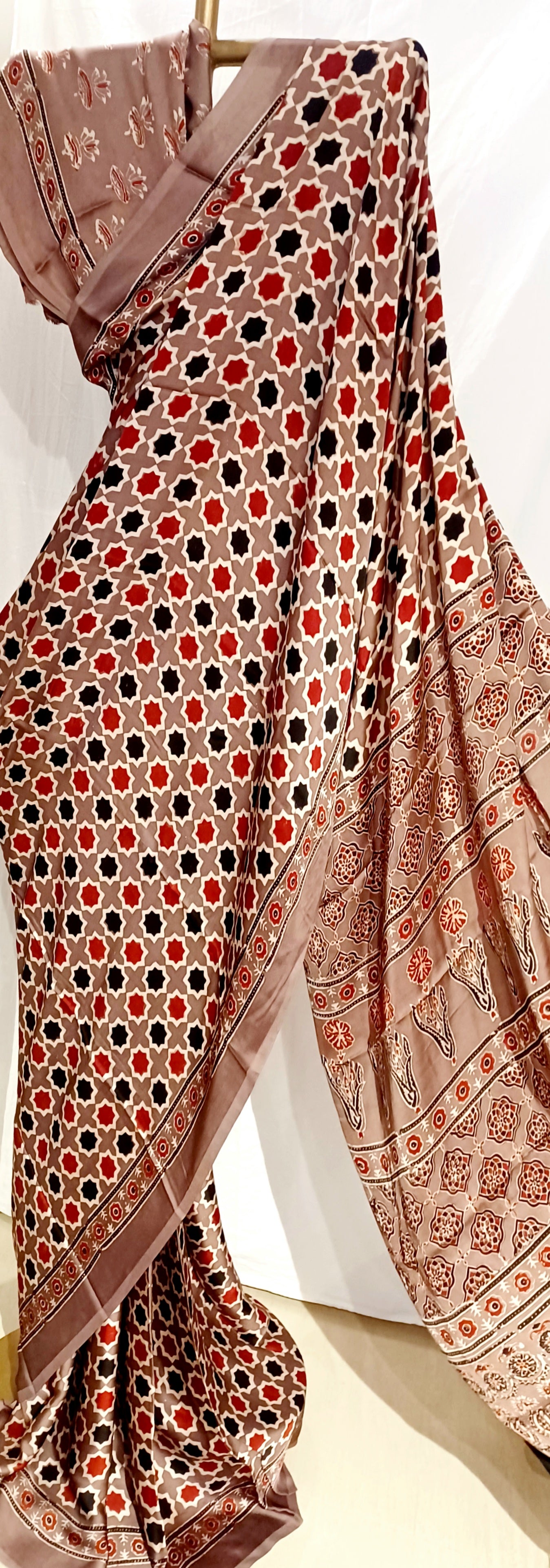 Brown (Taupe) - Modal Silk Ajrakh handblock print saree