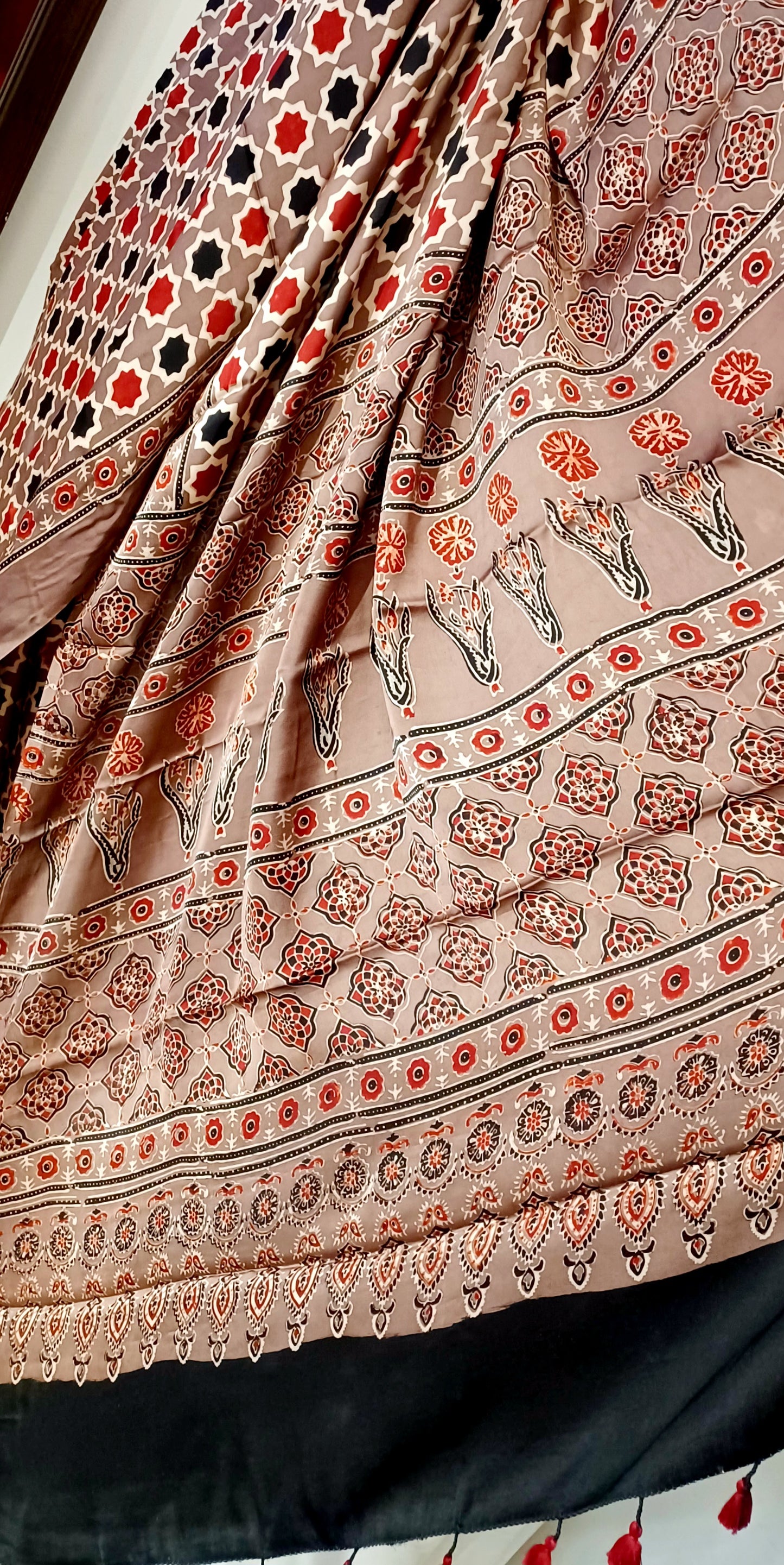 Brown (Taupe) - Modal Silk Ajrakh handblock print saree