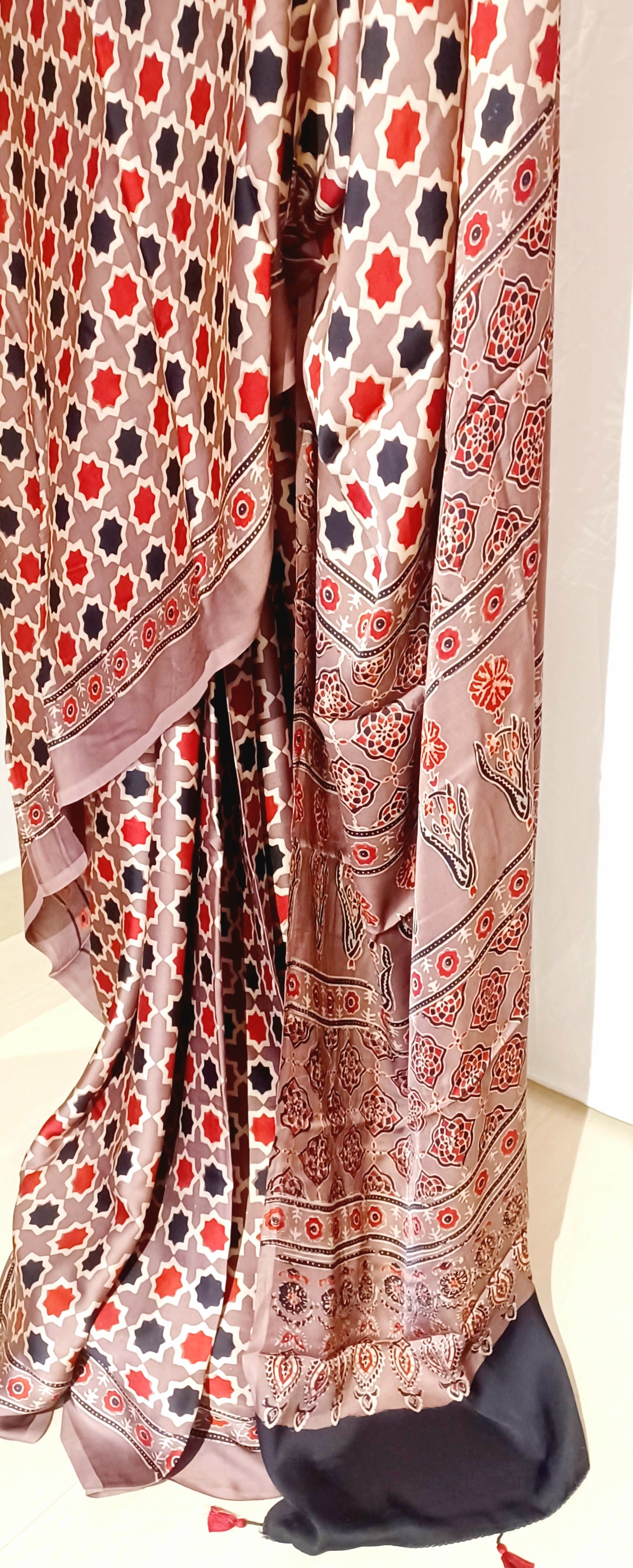 Brown (Taupe) - Modal Silk Ajrakh handblock print saree