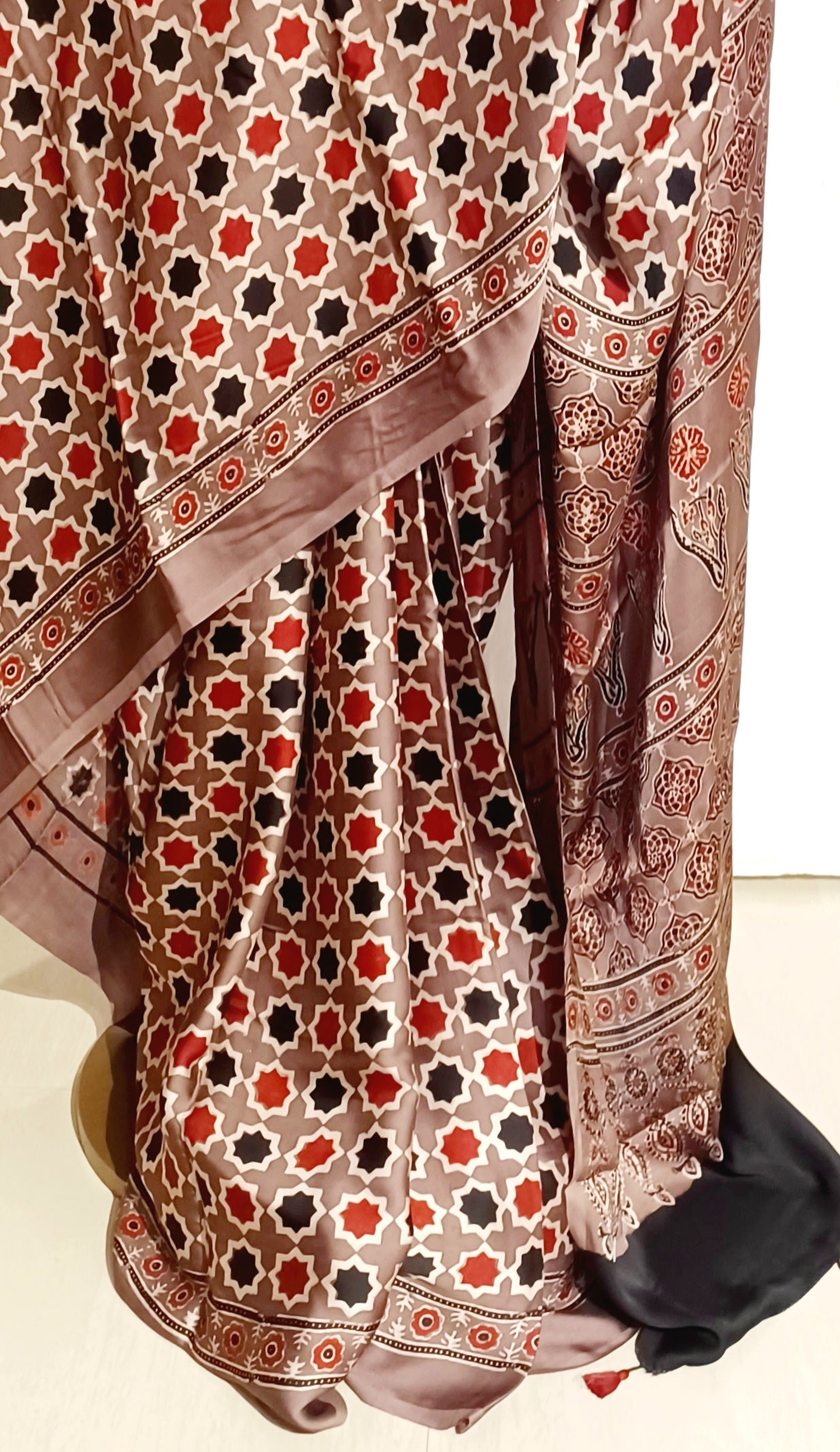 Brown (Taupe) - Modal Silk Ajrakh handblock print saree