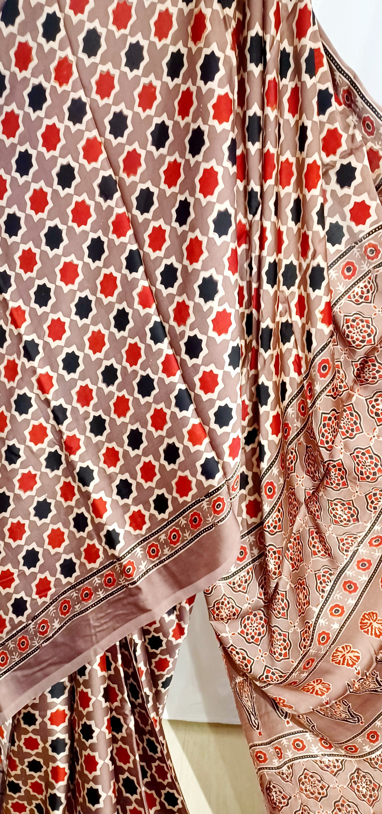 Brown (Taupe) - Modal Silk Ajrakh handblock print saree