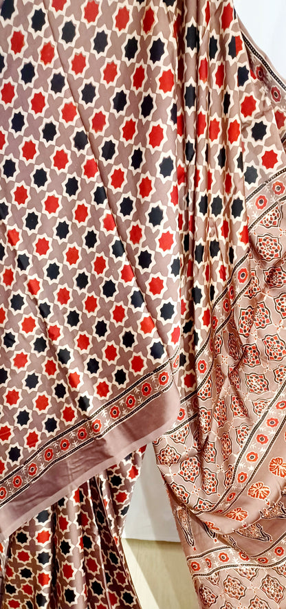 Brown (Taupe) - Modal Silk Ajrakh handblock print saree