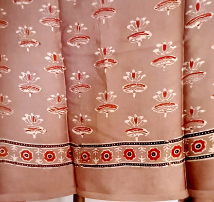 Brown (Taupe) - Modal Silk Ajrakh handblock print saree