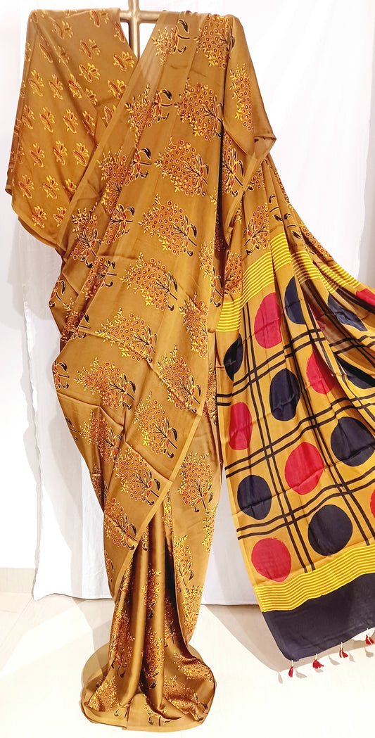 Mustard yellow - Modal Silk Ajrakh handblock print saree