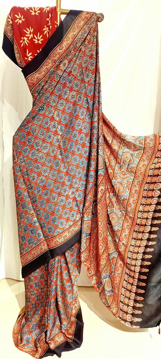 Red and Indigo - Modal Silk Ajrakh handblock print saree