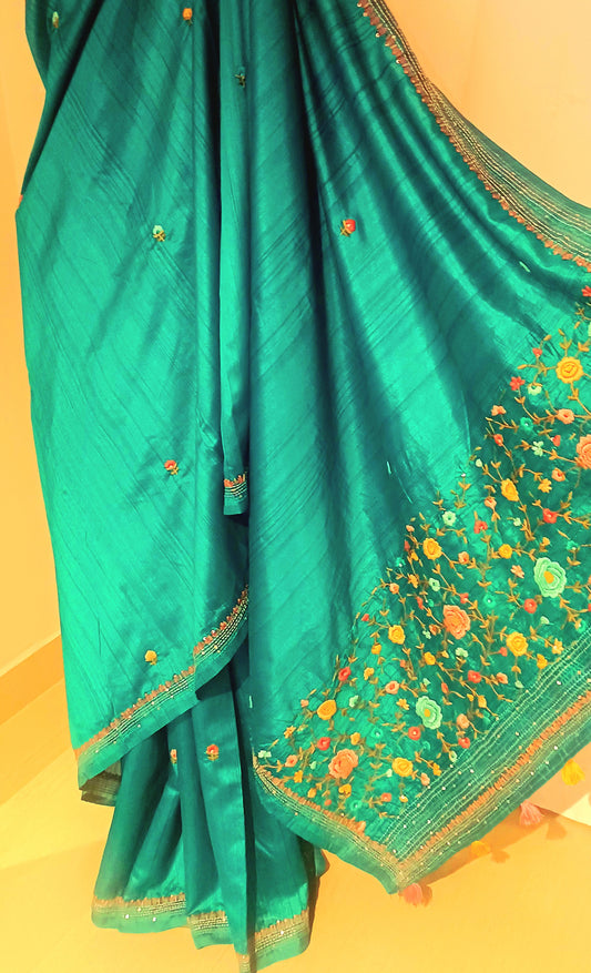 Rama Green semi Tussar silk saree with hand embroidery