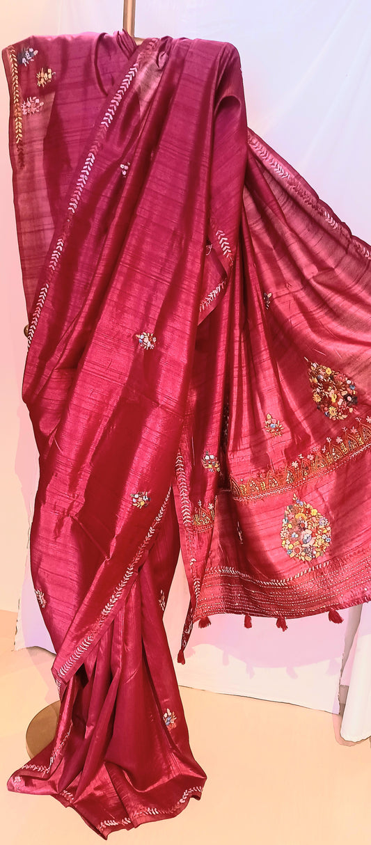 Wine Red semi Tussar silk saree with hand embroidery