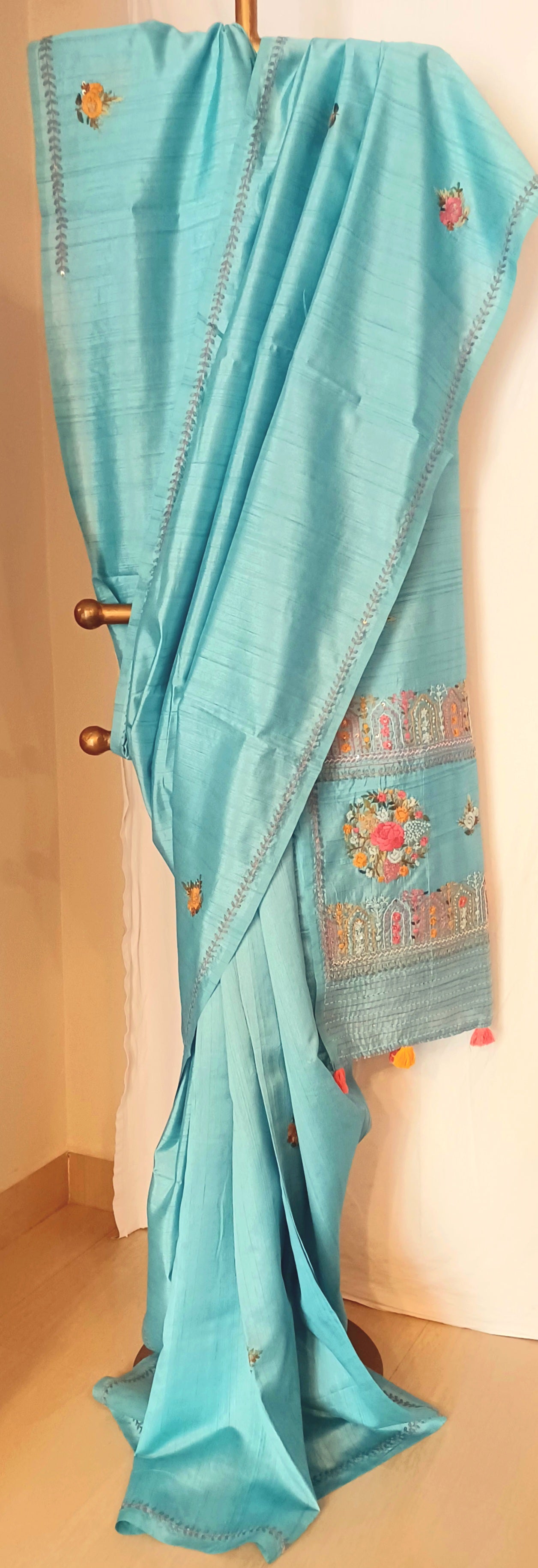 Pastel blue semi Tussar silk saree with hand embroidery
