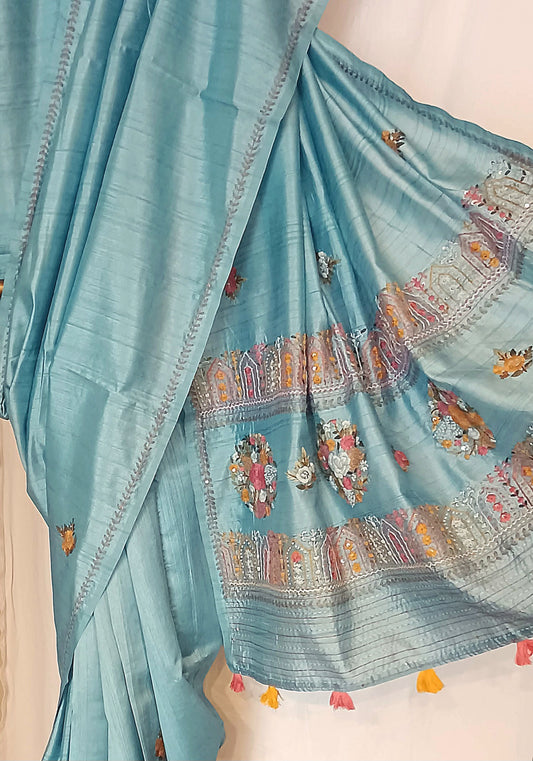 Pastel blue semi Tussar silk saree with hand embroidery