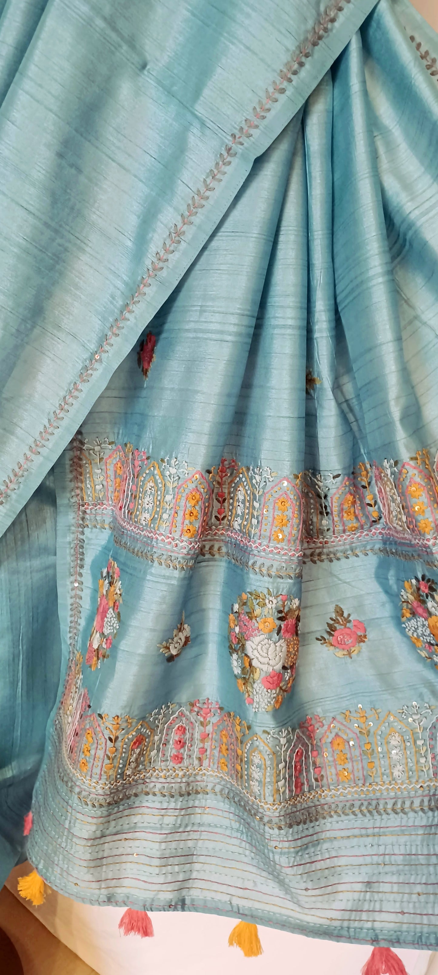 Pastel blue semi Tussar silk saree with hand embroidery
