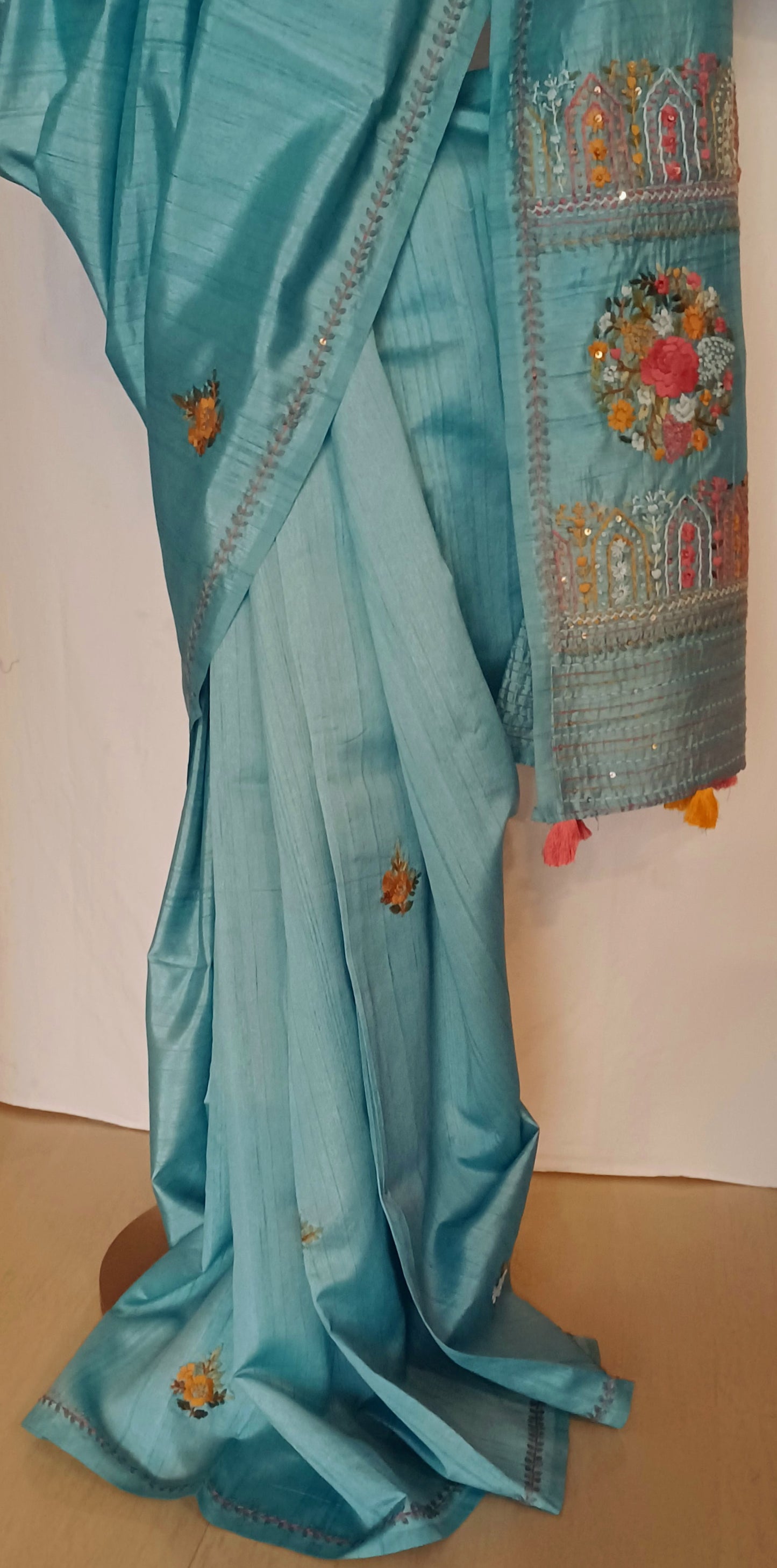 Pastel blue semi Tussar silk saree with hand embroidery