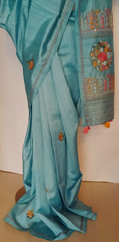 Pastel blue semi Tussar silk saree with hand embroidery