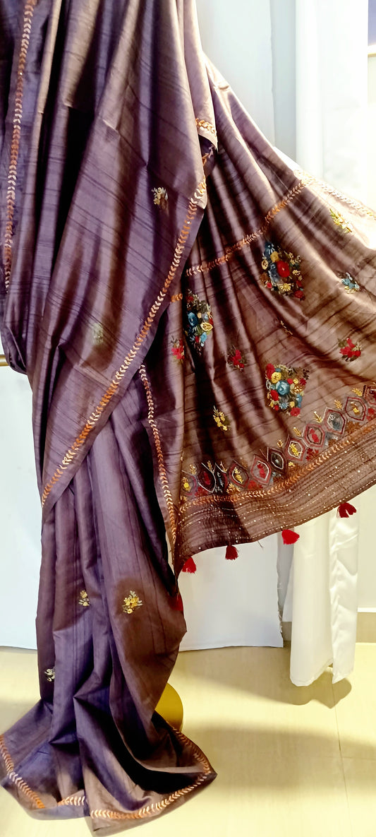 Purple mauve semi Tussar silk saree with hand embroidery