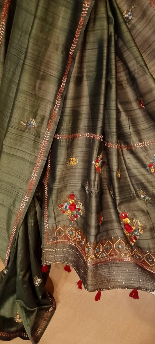 Dark Olive Green semi Tussar silk saree with hand embroidery