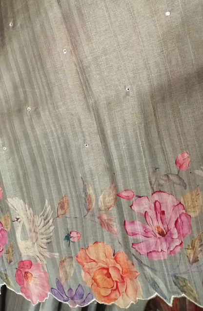 Grey semi Tussar silk saree in digital prints and scallop border